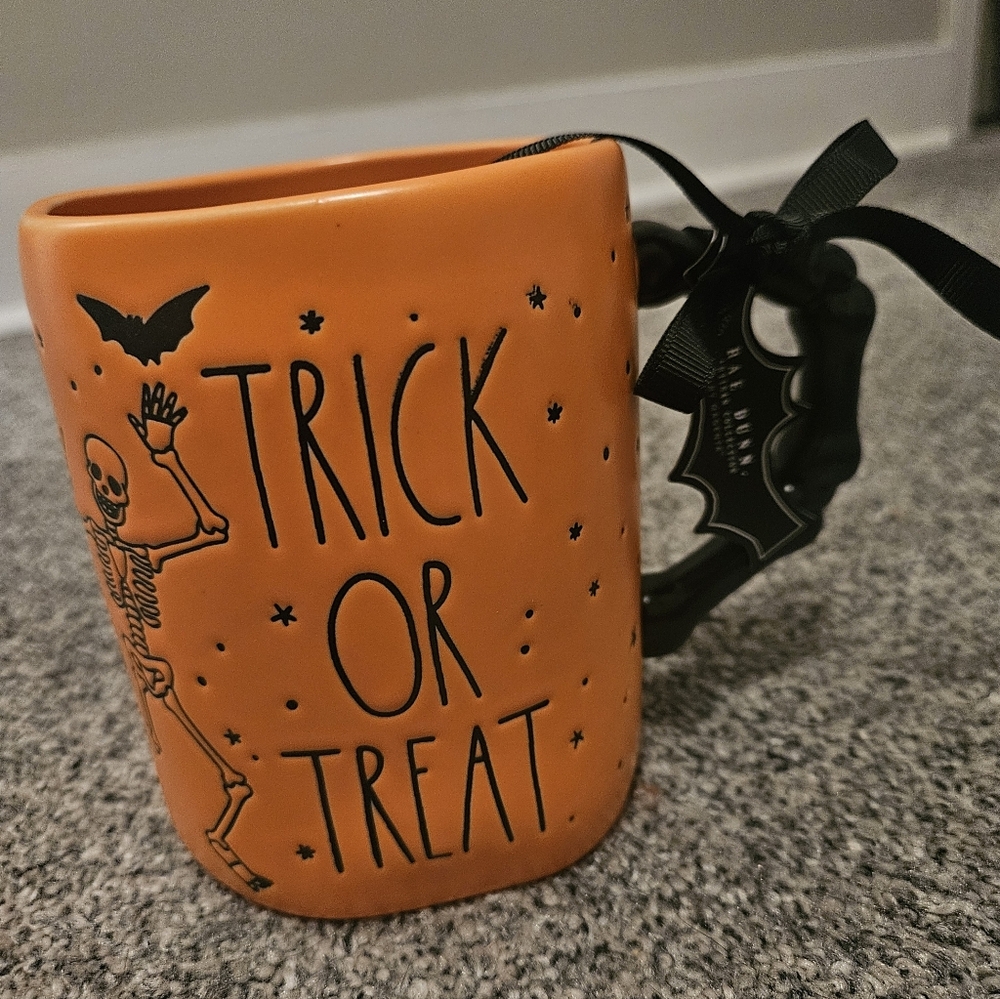 Orange RAE DUNN Trick or Treat Mug with Skeleton Halloween